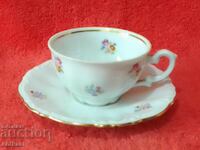 Set vechi dublu Moka, cană și farfurie, Bavaria, flori, aurire