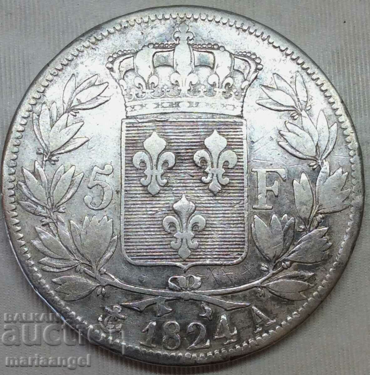 5 Francs 1824 France A - Paris - Rare Mint - Silver