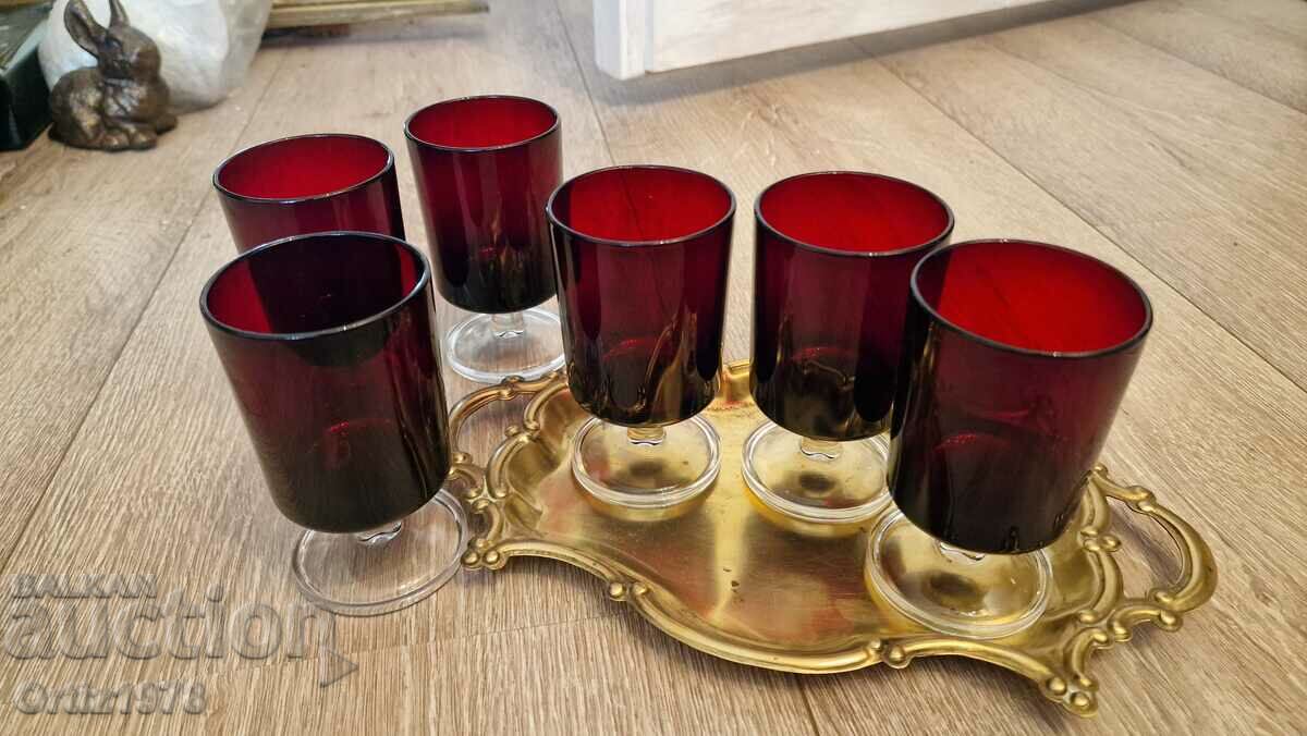 Френски чаши, винено червено стъкло– Маркирани, 1970г