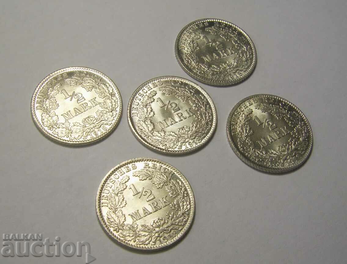 Germany 5 pieces 1/2 mark 1918 D UNC !!! with price 100.00 BGN | € 51.13 Germany 5 pieces 1/2 mark 1918 D UNC !!! with price 100.00 BGN | € 51.13
