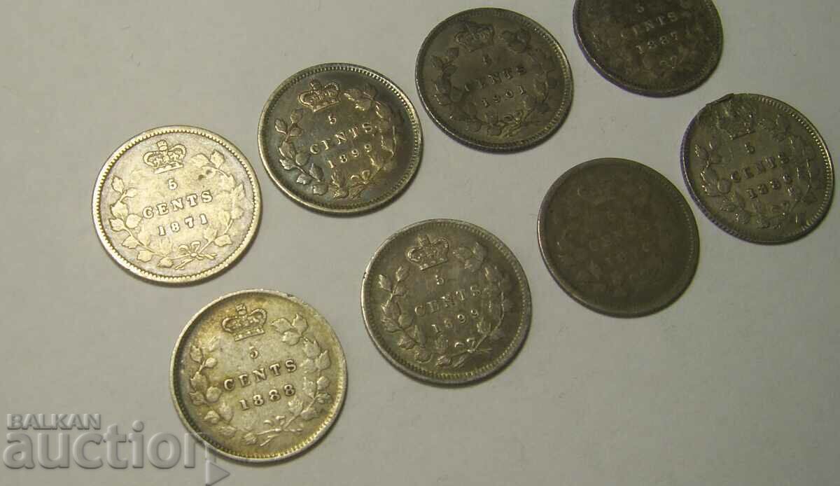 Canada lot 8 x 5 cents 1870 to 1901 with price 200.00 BGN | € 102.26 Canada lot 8 x 5 cents 1870 to 1901 with price 200.00 BGN | € 102.26