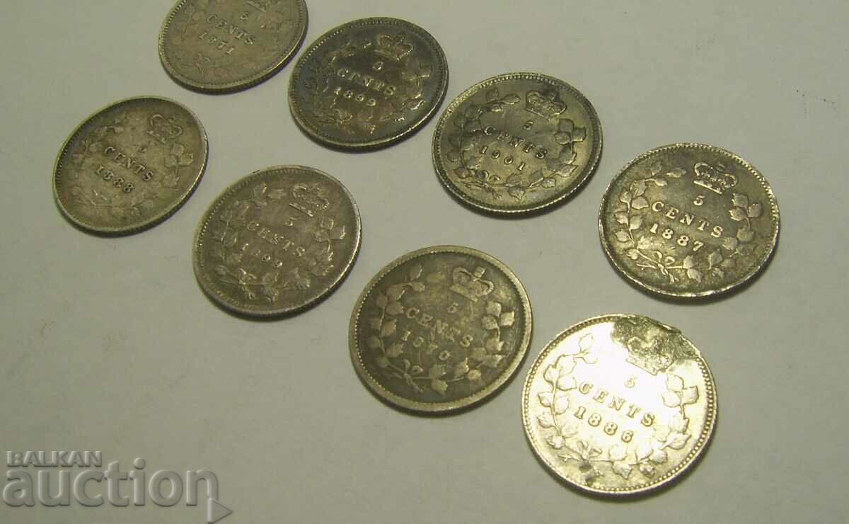 Auction Canada lot 8 x 5 cents 1870 to 1901 Auction Canada lot 8 x 5 cents 1870 to 1901