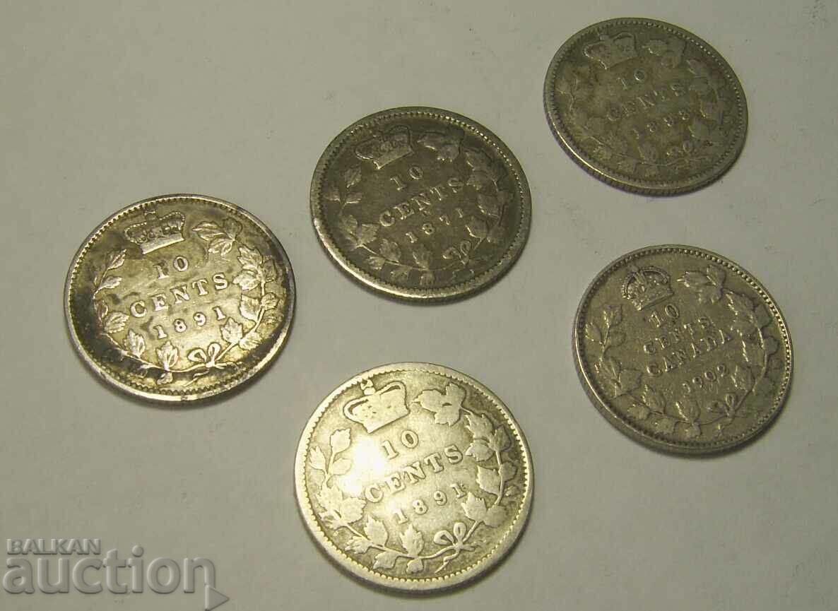 Canada lot 5 x 10 cents 1871 to 1902 with price 120.00 BGN | € 61.36 Canada lot 5 x 10 cents 1871 to 1902 with price 120.00 BGN | € 61.36
