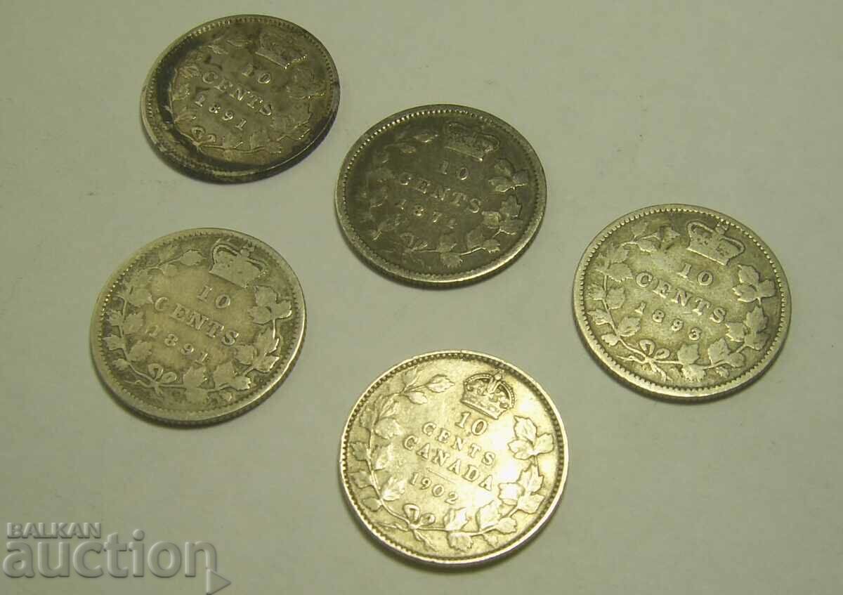 Auction  Canada lot 5 x 10 cents 1871 to 1902