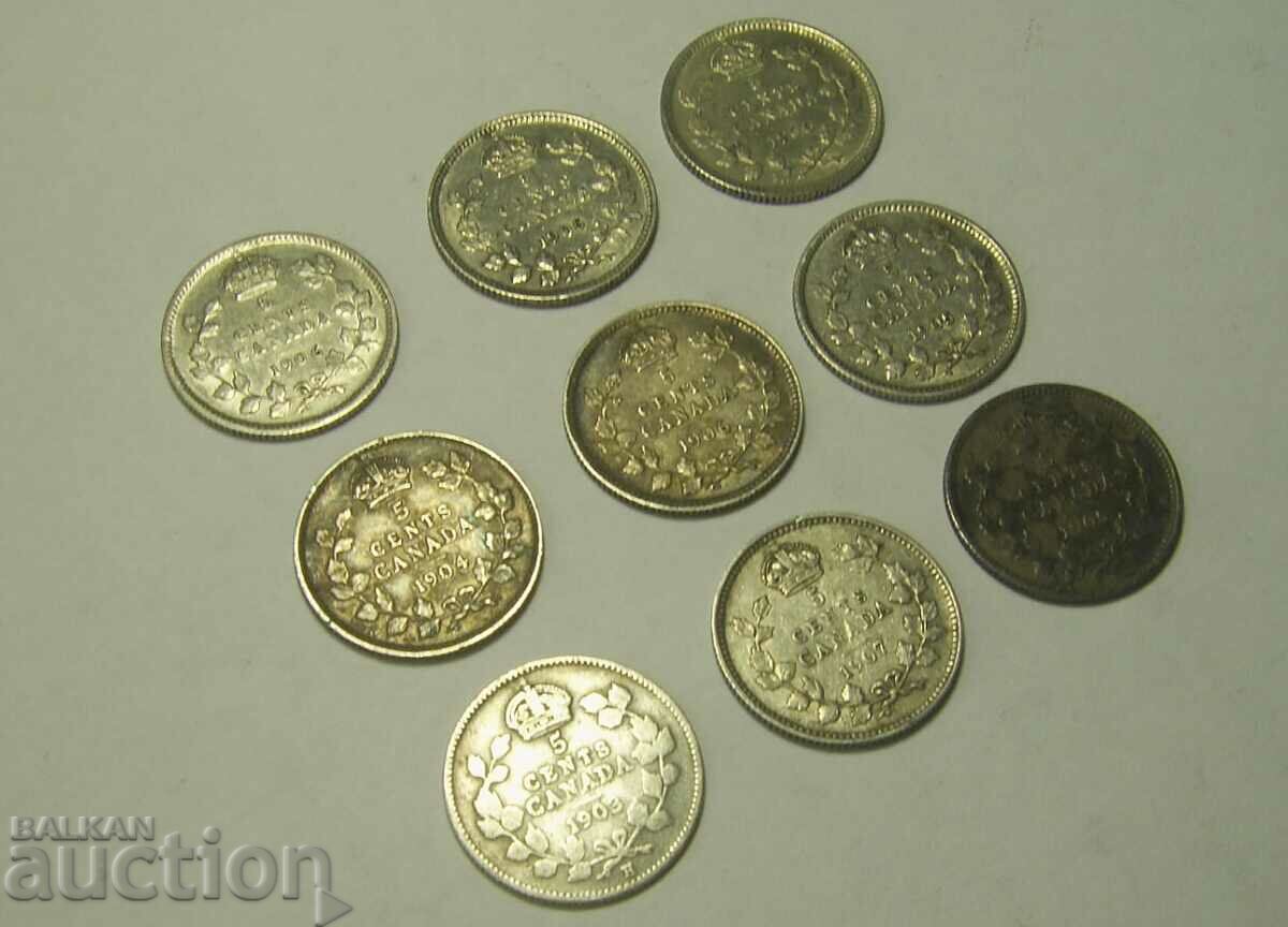 Canada lot 9 x 5 cents 1903 to 1907 with price 200.00 BGN | € 102.26 Canada lot 9 x 5 cents 1903 to 1907 with price 200.00 BGN | € 102.26