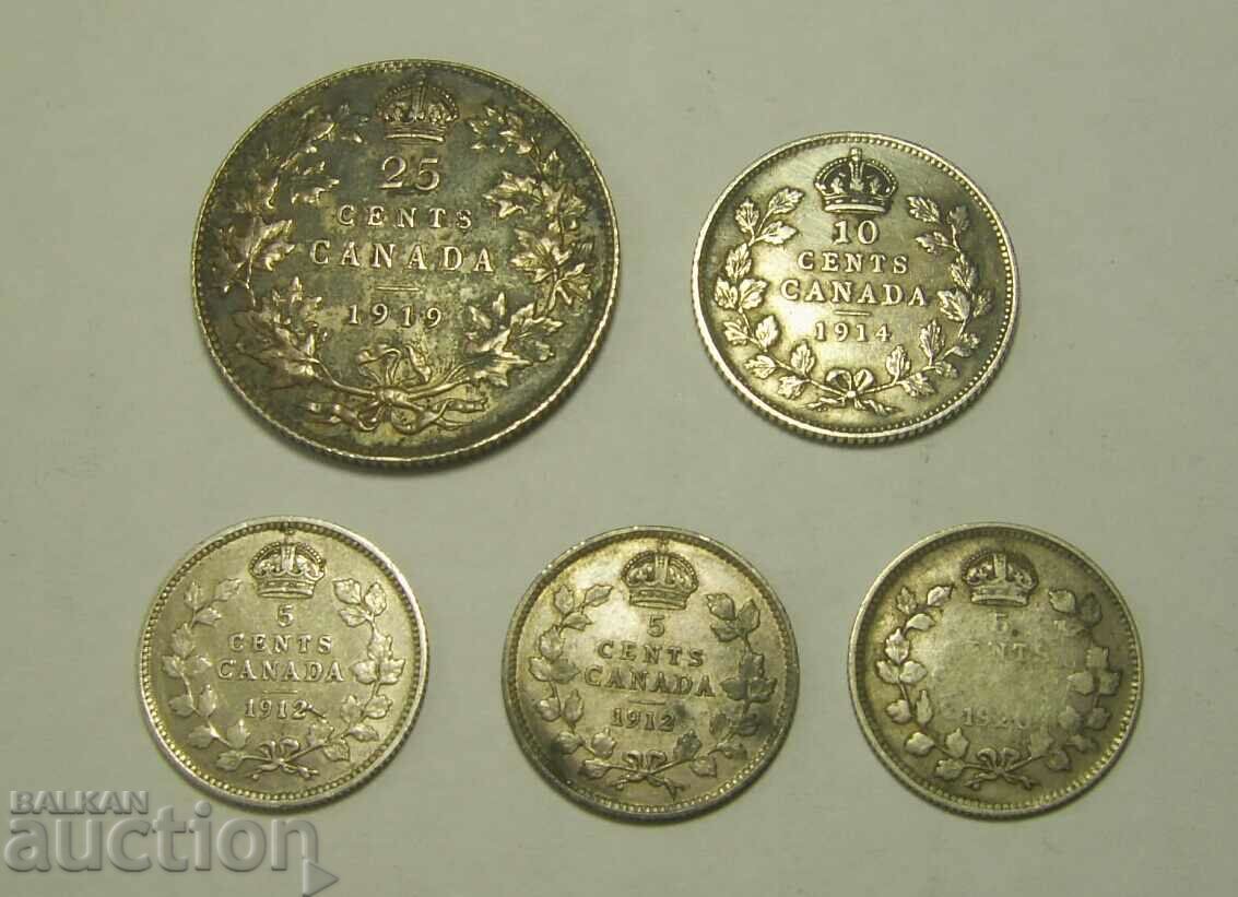 Канада лот 5 сребърни монети 1912 - 1920