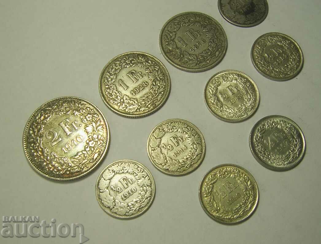 Switzerland 10 silver coins 1876 - 1967 lot with price 130.00 BGN | € 66.47