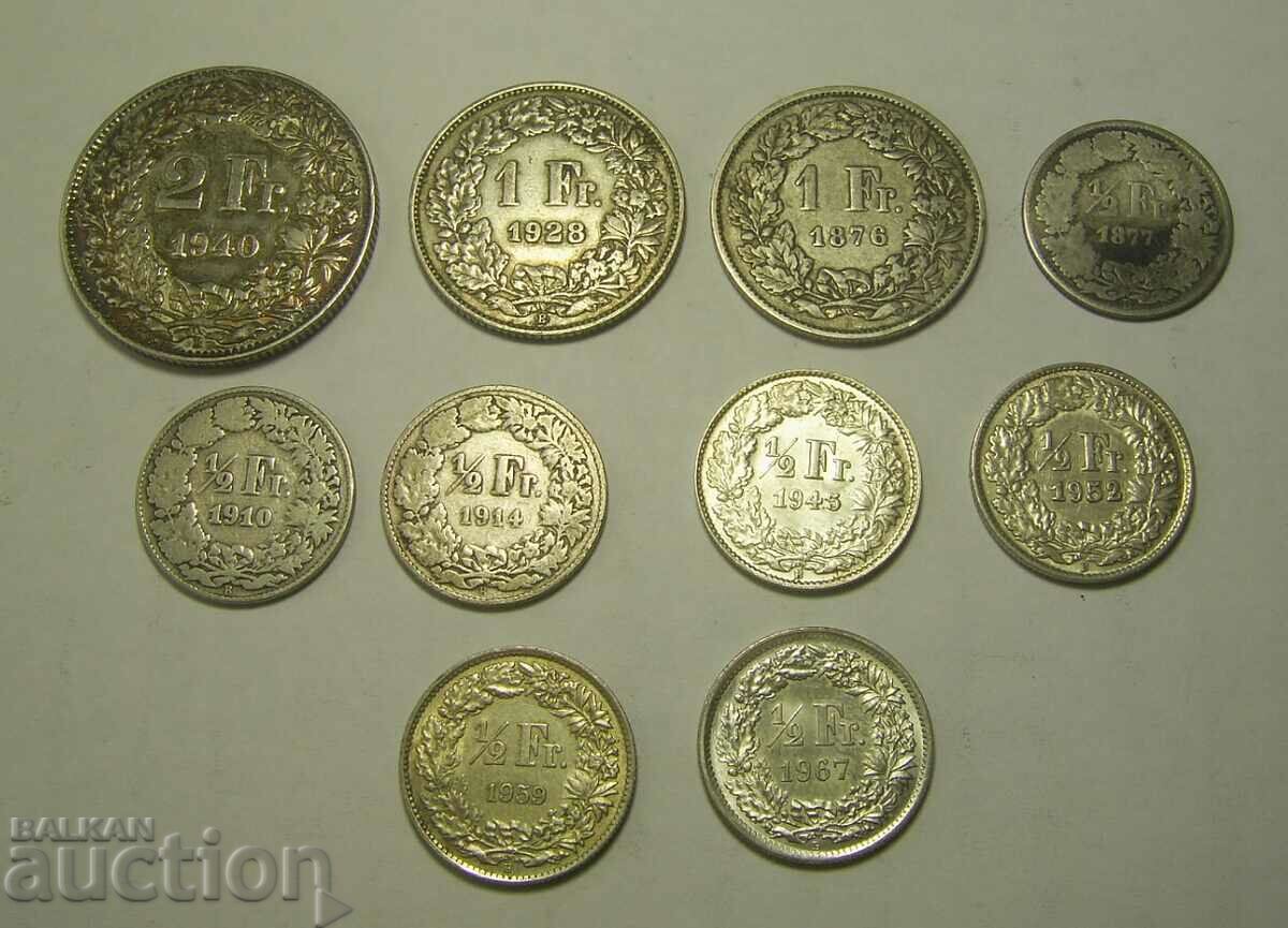 Швейцария 10 сребърни монети 1876 - 1967 лот
