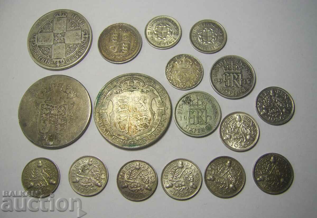 Великобритания 17 бр сребърни монети лот