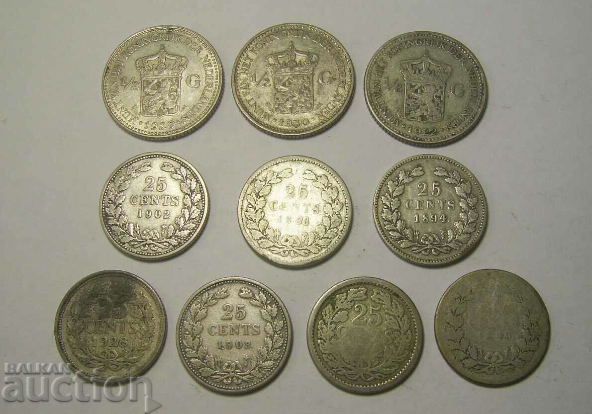Холандия 10 броя сребърни монети лот