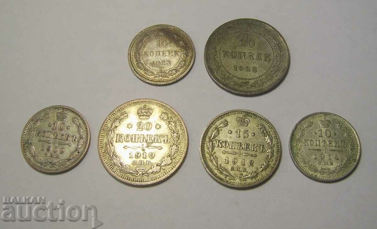 СССР / Русия 6 бр сребърни монети 1909 - 1923