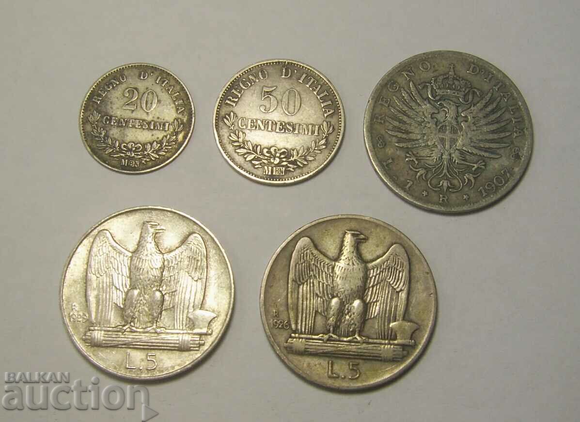 Италия лот 5 сребърни монети 1863 1907 1926 1929