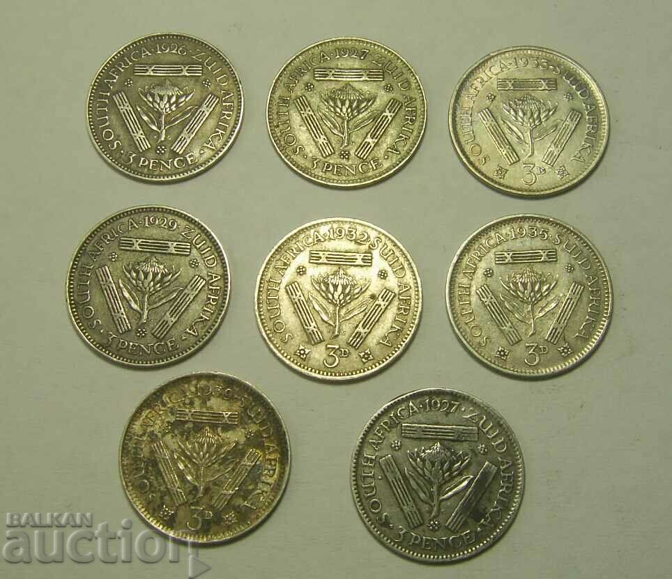 South Africa 8 x 3 pence 1926 to 1939 silver