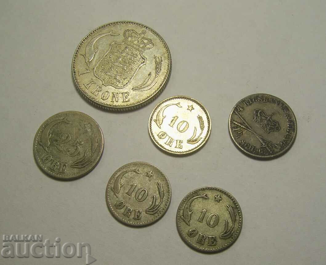 Denmark 6 silver coins 1842 to 1915 with price 100.00 BGN | € 51.13
