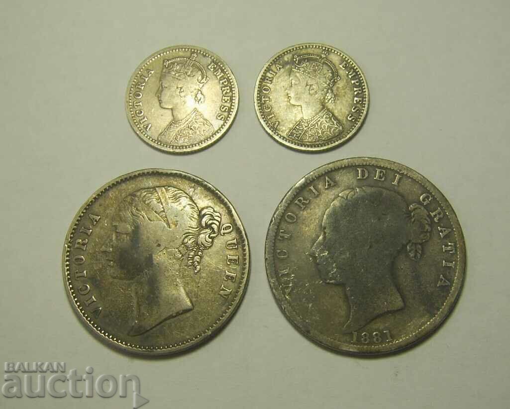 Auction India England Victoria 4 pcs silver coins Auction India England Victoria 4 pcs silver coins