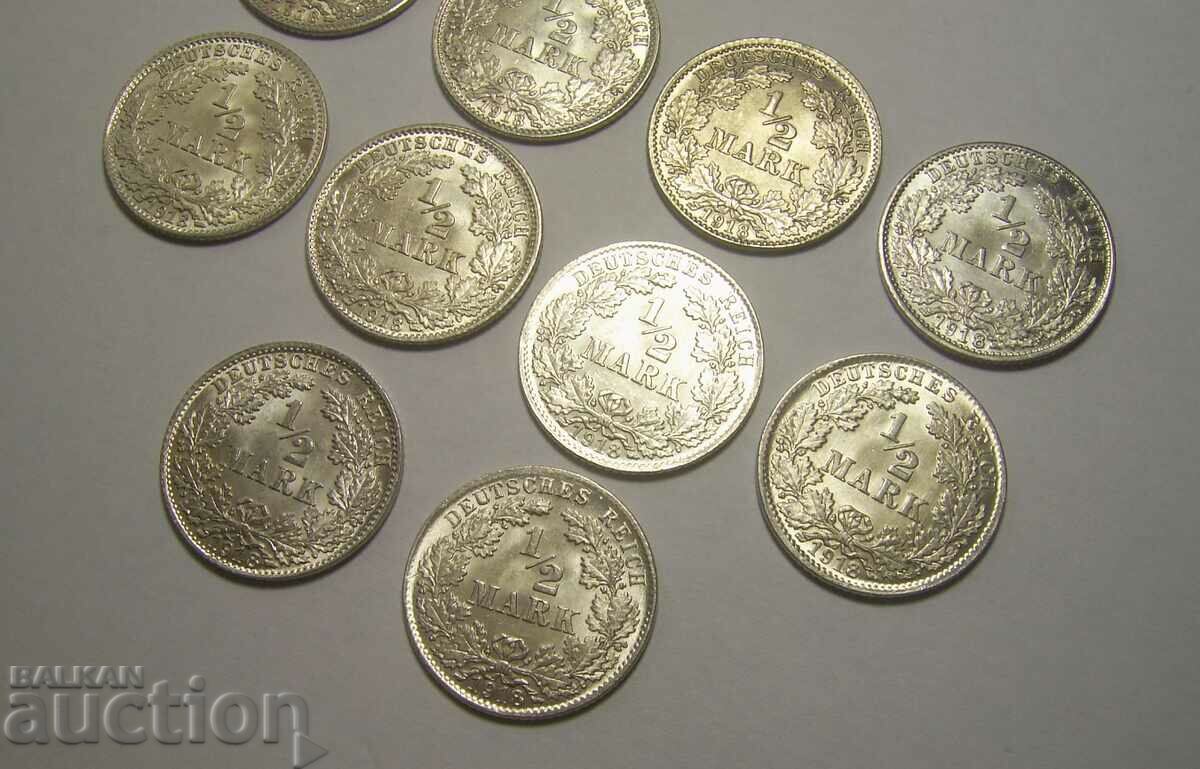 Auction Germany lot 10 x 1/2 mark 1918 D UNC Auction Germany lot 10 x 1/2 mark 1918 D UNC