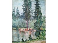 Painting, Rila, forest, lake, figures, 1933