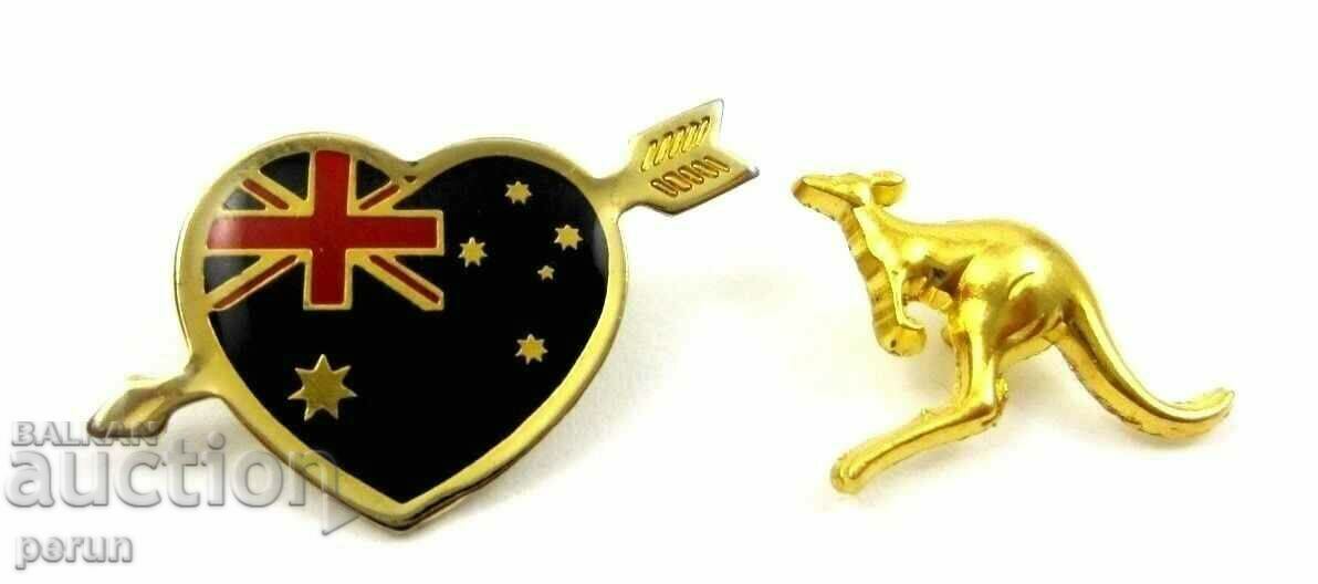 AUSTRALIAN BADGES - KANGAROO AND HEART FLAG - LOT OF TWO BADGES