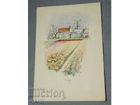 Old painted postcard house garden signed