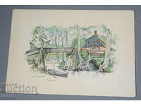 Παλιά ζωγραφισμένη καρτ ποστάλ βάρκα λίμνης υπογεγραμμένη