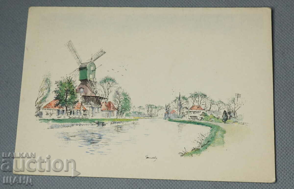 Old Painted Windmill Postcard Signed