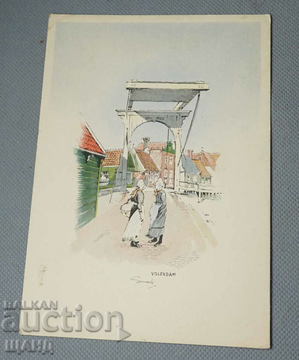 Old painted postcard signed