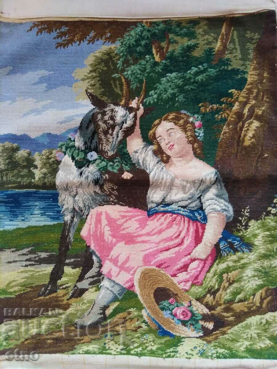 BEAUTIFUL LARGE OLD TAPESTRY "THE BLIND GOAT"