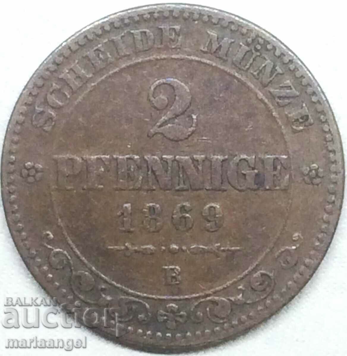 Саксония 2 пфенига 1869 Германия Албертинска линия