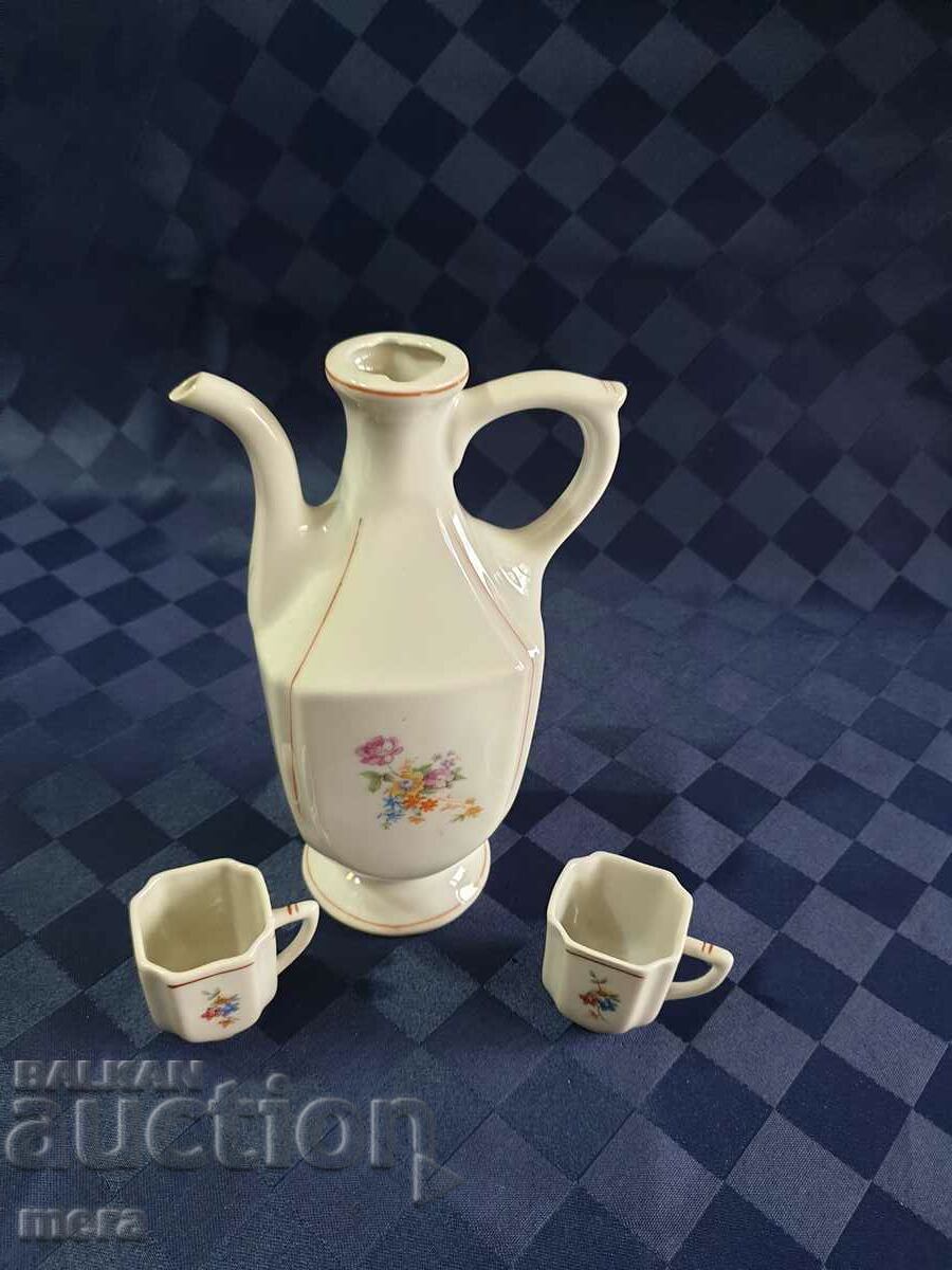 Porcelain pavour and 2 glasses for heated brandy - 1961 with price 45.00 BGN | € 23.01 Porcelain pavour and 2 glasses for heated brandy - 1961 with price 45.00 BGN | € 23.01