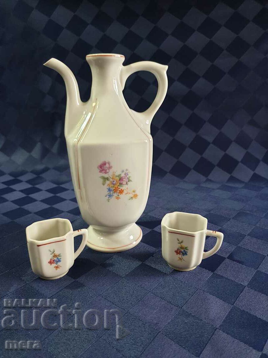 Porcelain pavour and 2 glasses for heated brandy - 1961