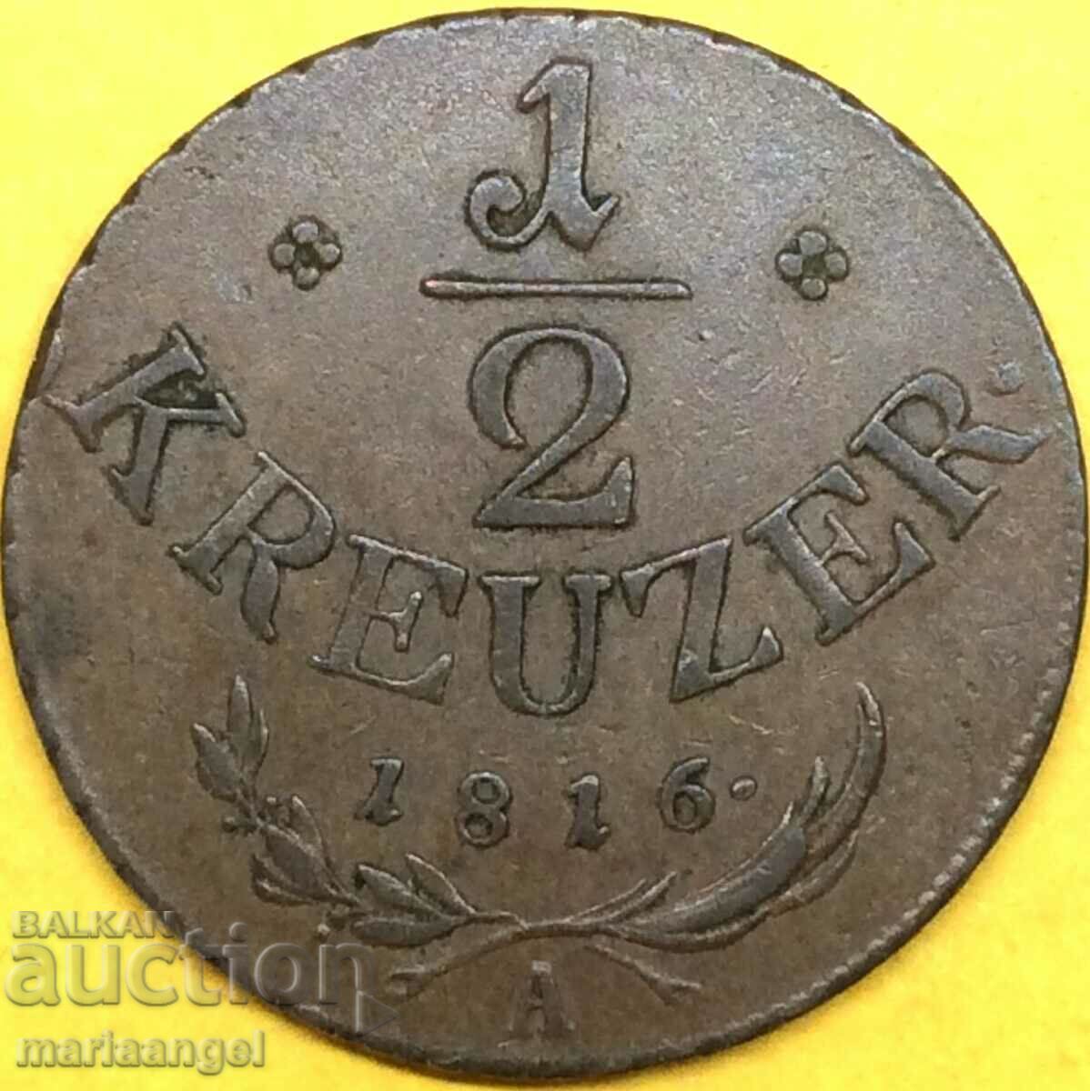 1/2 кройцер 1816 Австрия А - Вена 22мм бронз