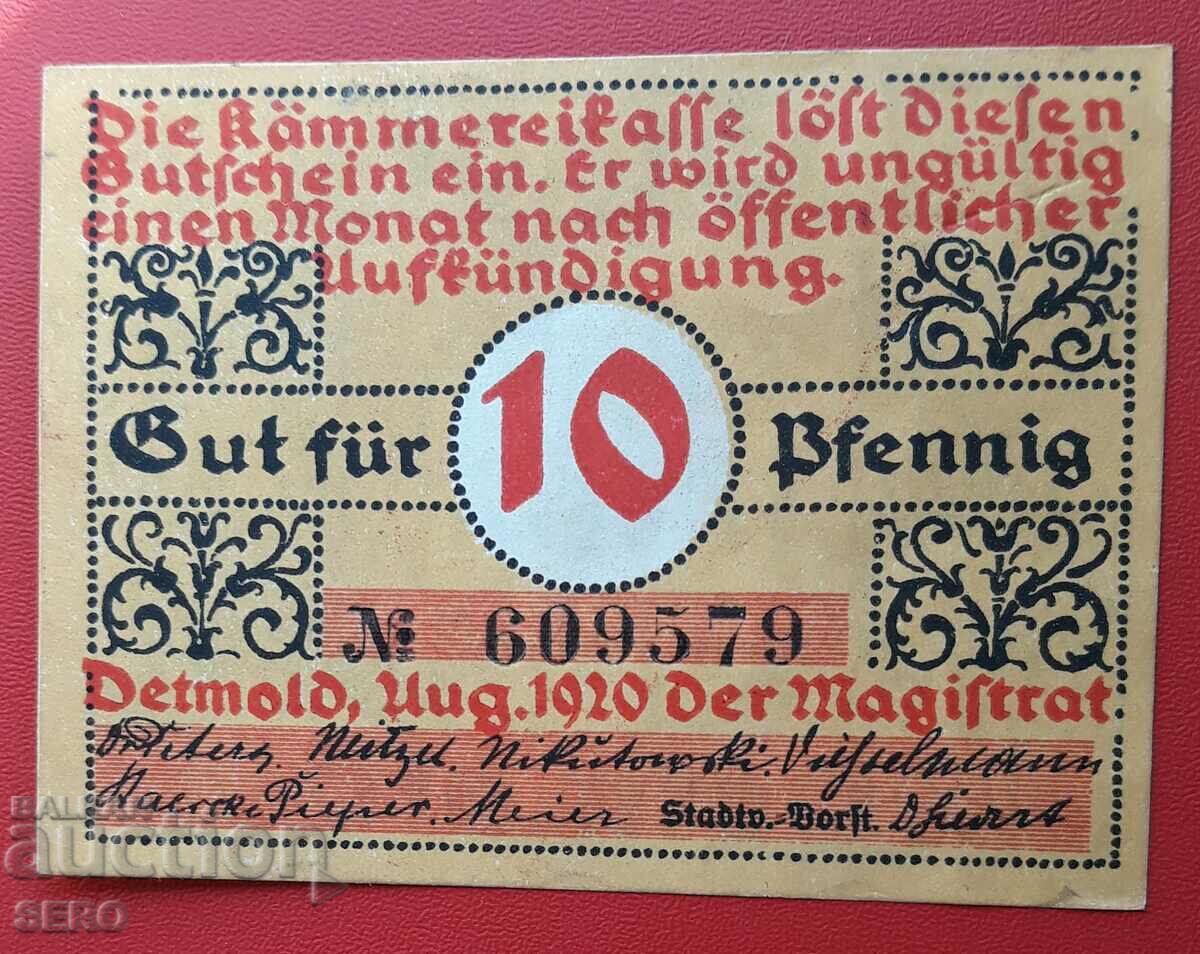 Banknote-Germany-S.Rhine-Westphalia-Detmold-10 pfennig 1920