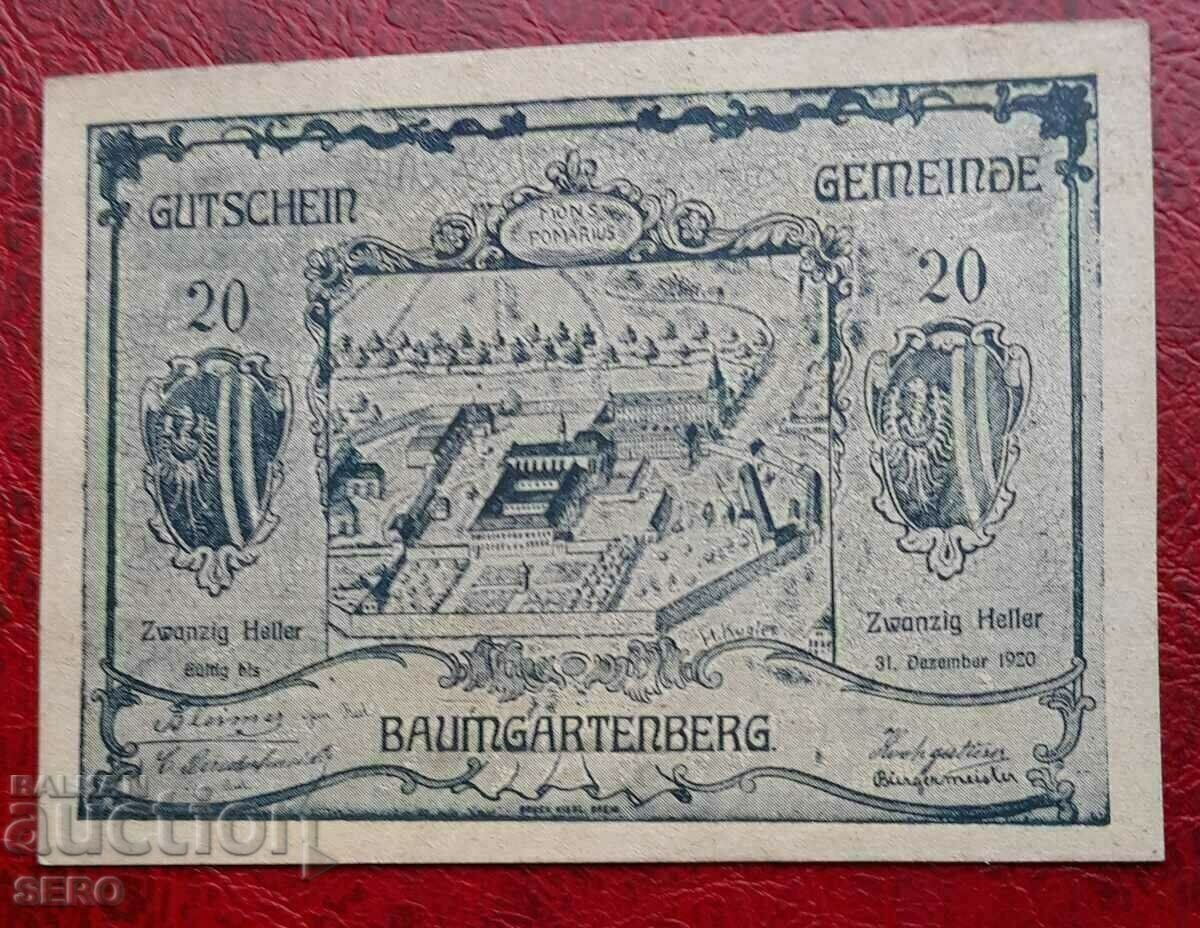 Банкнота-Австрия-Г.Австрия-Баумгартенберг-20 хелера 1920