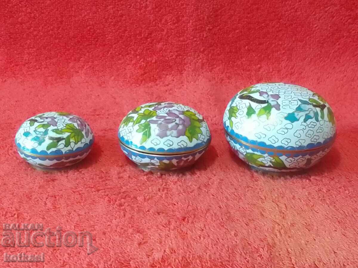 Three metal brass jewelry boxes cloisonne cellular enamel Three metal brass jewelry boxes cloisonne cellular enamel