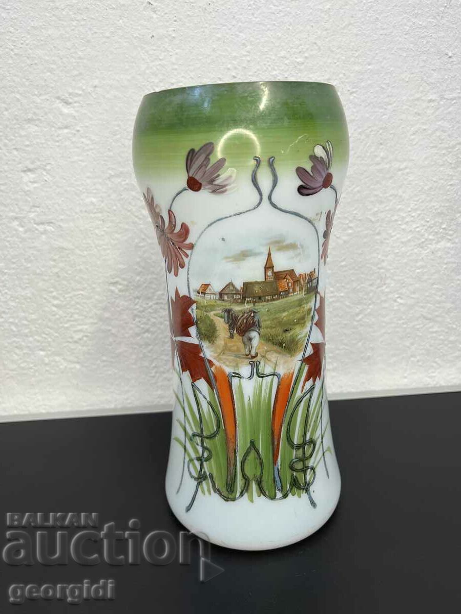 Рисувана стъклена ваза - Арт Нуво. №4961 Автентична стъклена