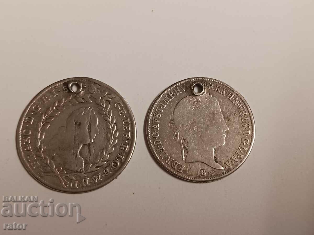 Monede Austria 20 kreutzers, argint, 2 piese, pentru bijuterii
