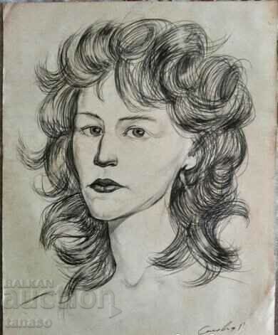 Βινιέτα παλιού συγγραφέα, σχέδιο με μολύβι, πορτρέτο γυναίκας
