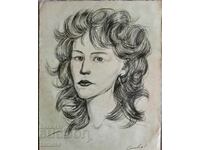 Vigneta de autor veche, desen în creion, portretul unei femei