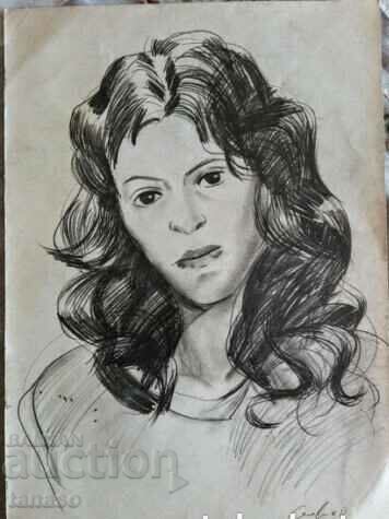 Vigneta de autor veche, desen în creion, portretul unei femei