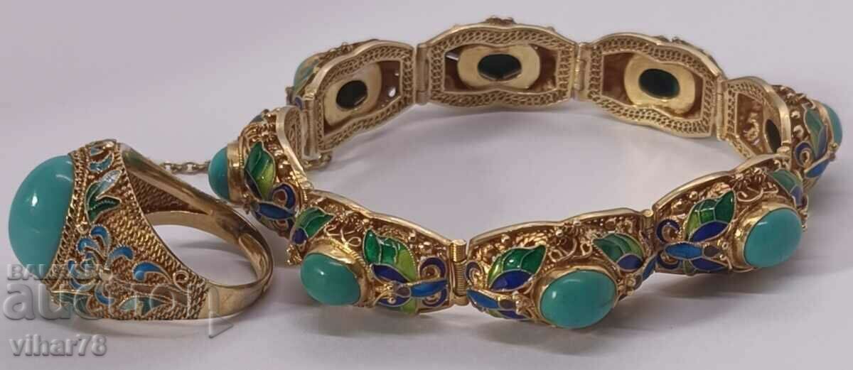 Auction Antique turquoise silver plated bracelet and ring Auction Antique turquoise silver plated bracelet and ring