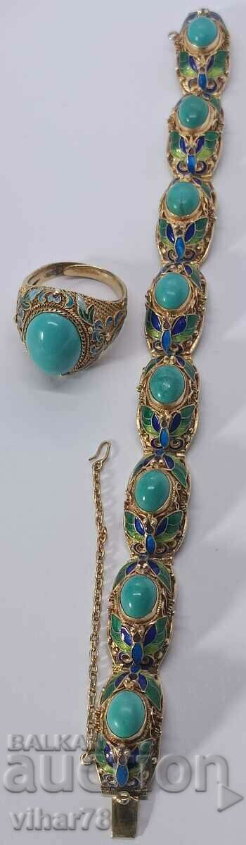 Antique turquoise silver plated bracelet and ring - 6 Antique turquoise silver plated bracelet and ring - 6