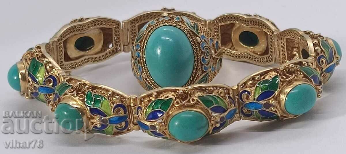 Antique turquoise silver plated bracelet and ring