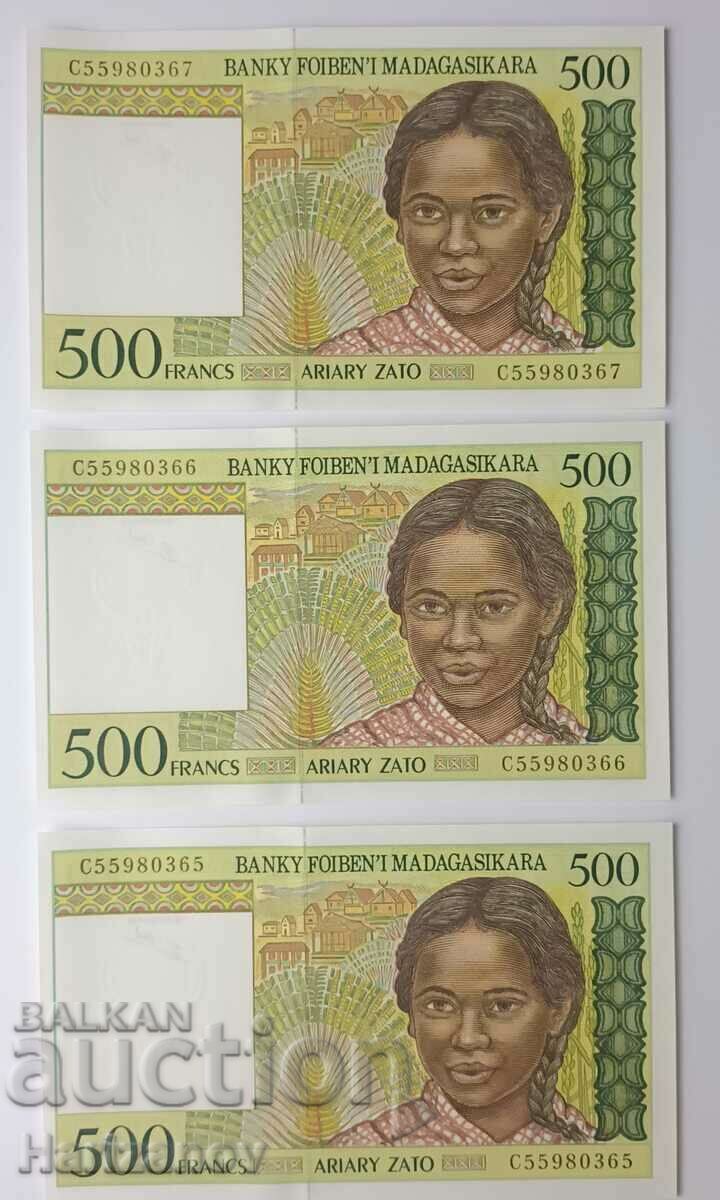 Лот 3 × поредни 500 франка (ариари) Мадагаскар UNC!