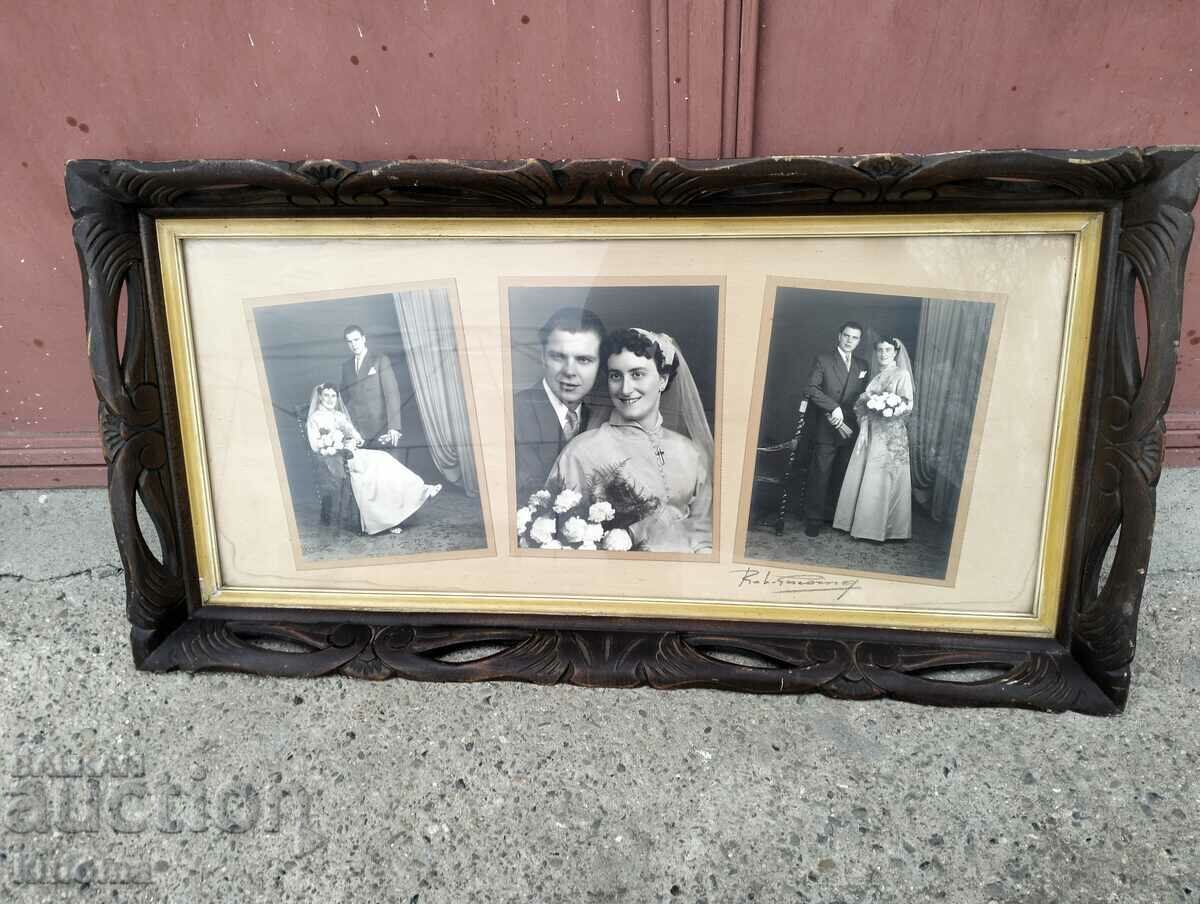 Антикварна дървена рамка с триптична сватбена снимка