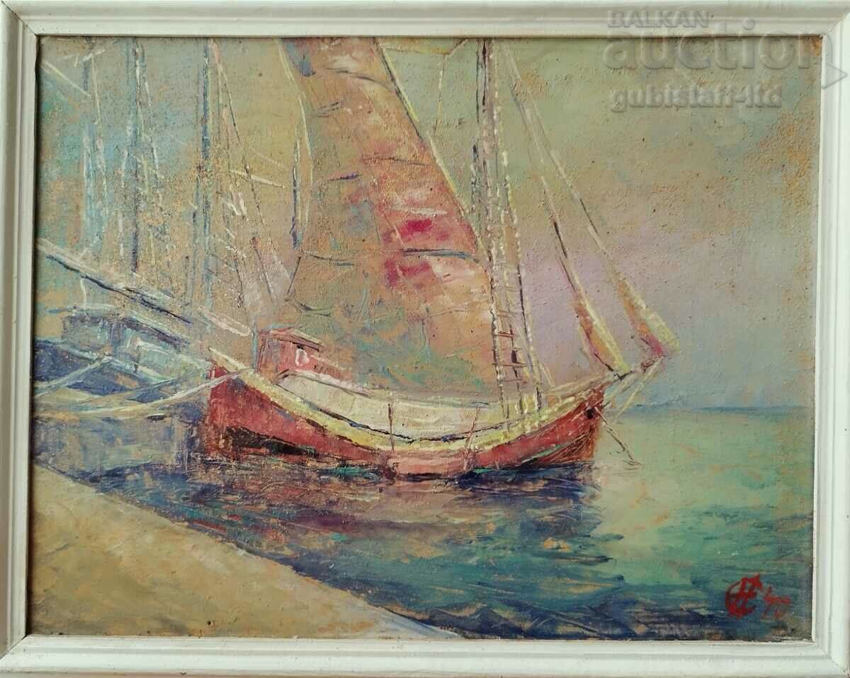Painting, boats, sea, art. N. Selivanov, 1970