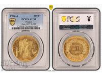 Златна монета 100 франка 1904 AU 58 Гениус