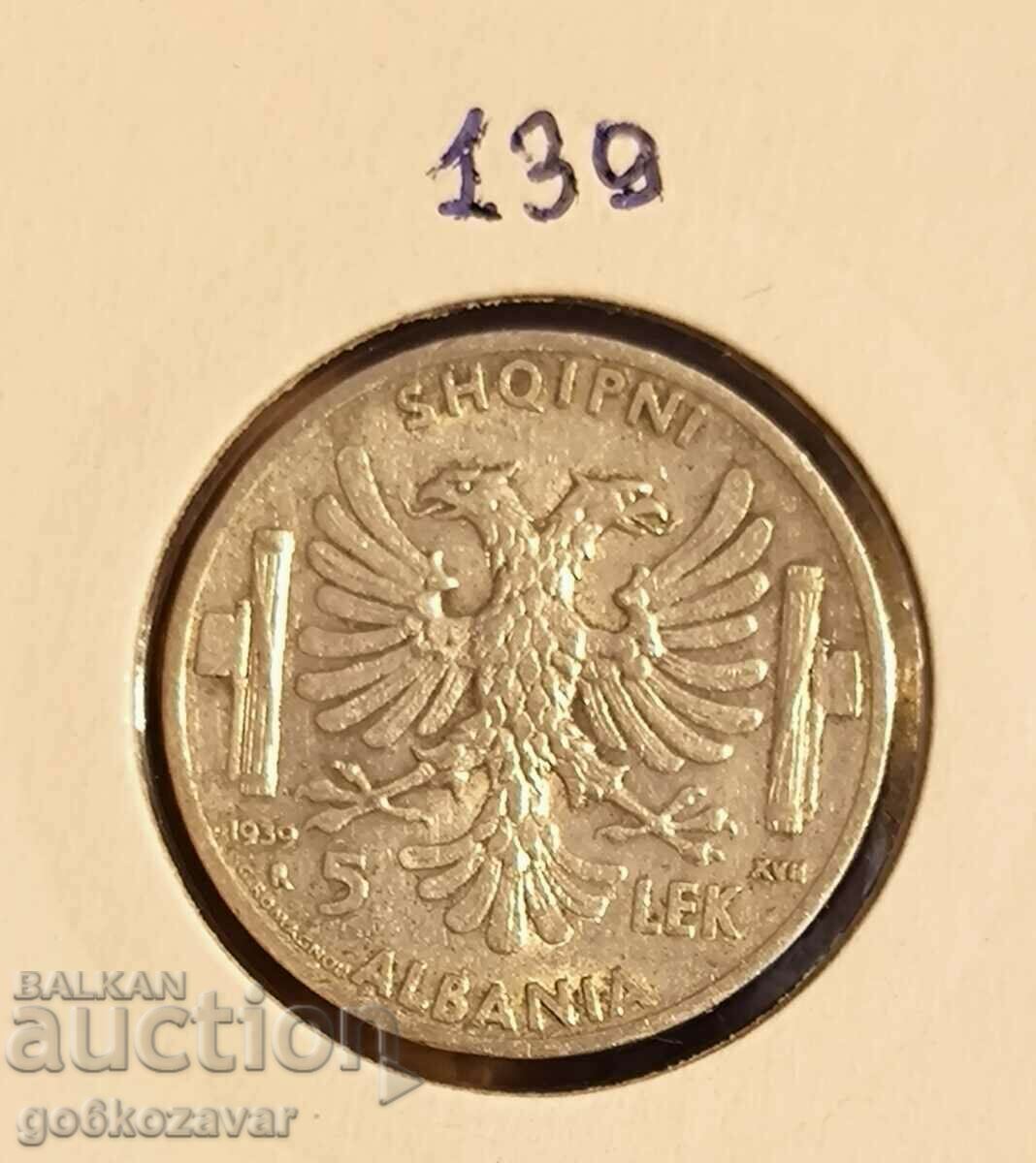 Albania 5 lek 1939 Silver! UNC Top Coin !
