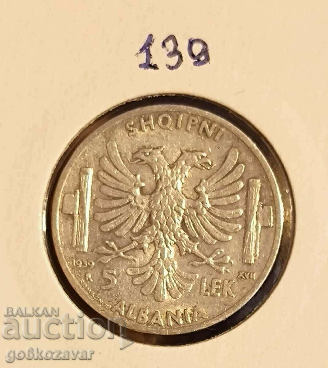 Albania 5 lek 1939 Silver! UNC Top Coin !