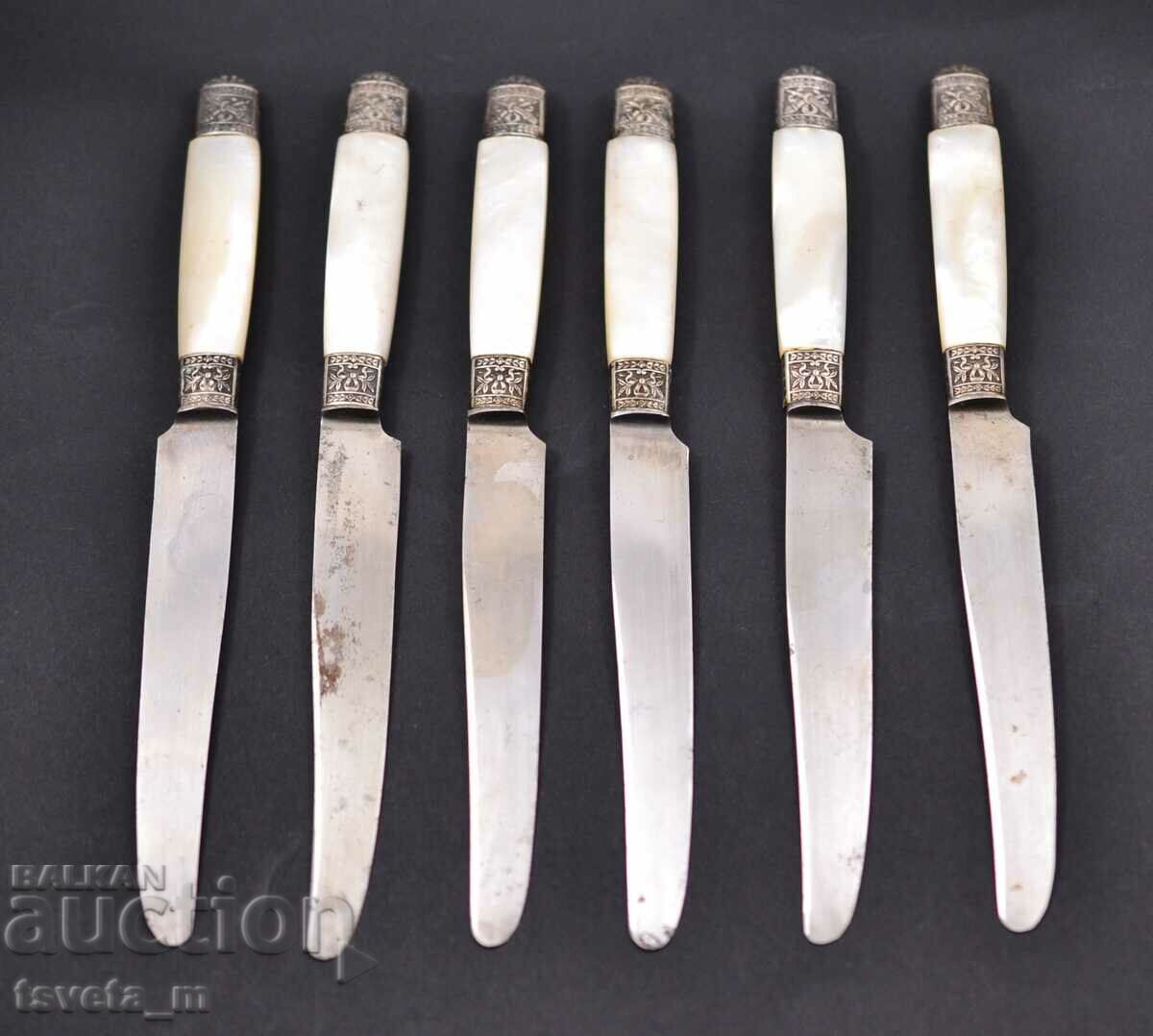 Прибори за хранене 6 бр. ножове, дръжка от седеф и сребро