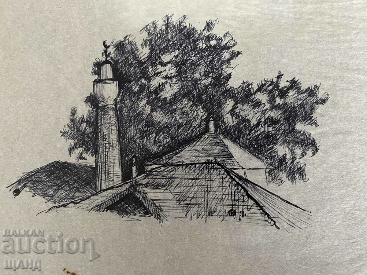 Стара Майсторска Рисунка Картина Пейзаж Покрив Кула